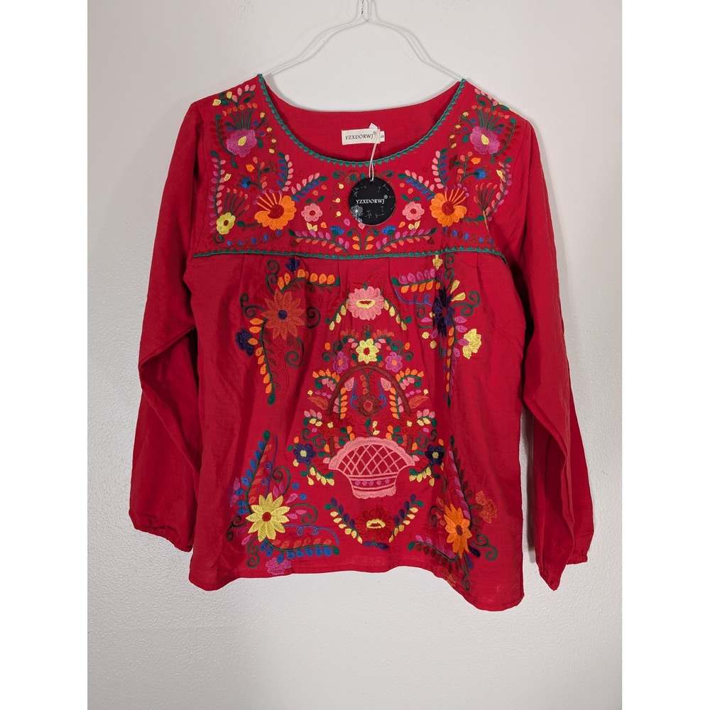 YZXDORWJ Womens Small Red Mexican Floral Embroidered Peasant Blouse Long Sleeve